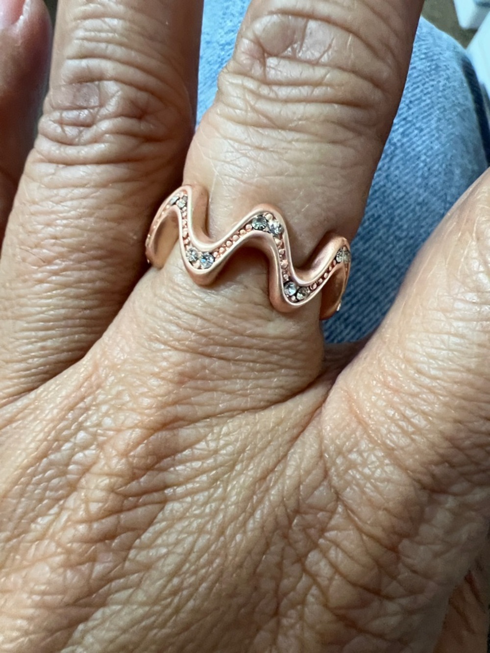 Rose Gold Tone Beach Wave CZ Band Ring Sculptural Modern Size 7.5 #7510